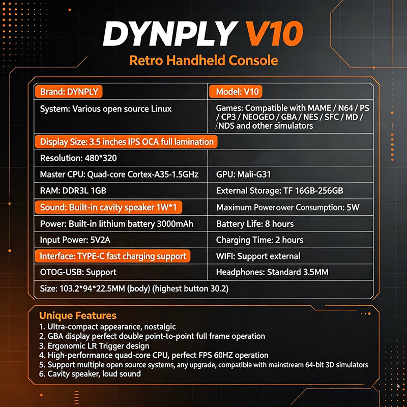 DYNPLY V10 3.5-inch 480*320 IPS Screen Retro Handheld Game Console